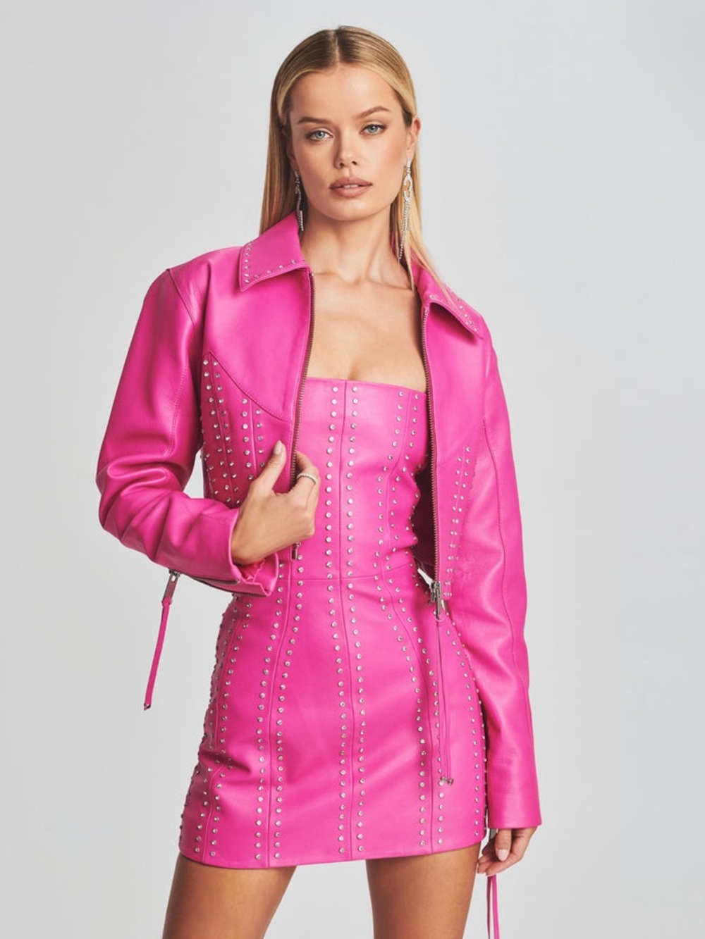 Retrofete Hot Pink Studded Cropped Leather Jacket